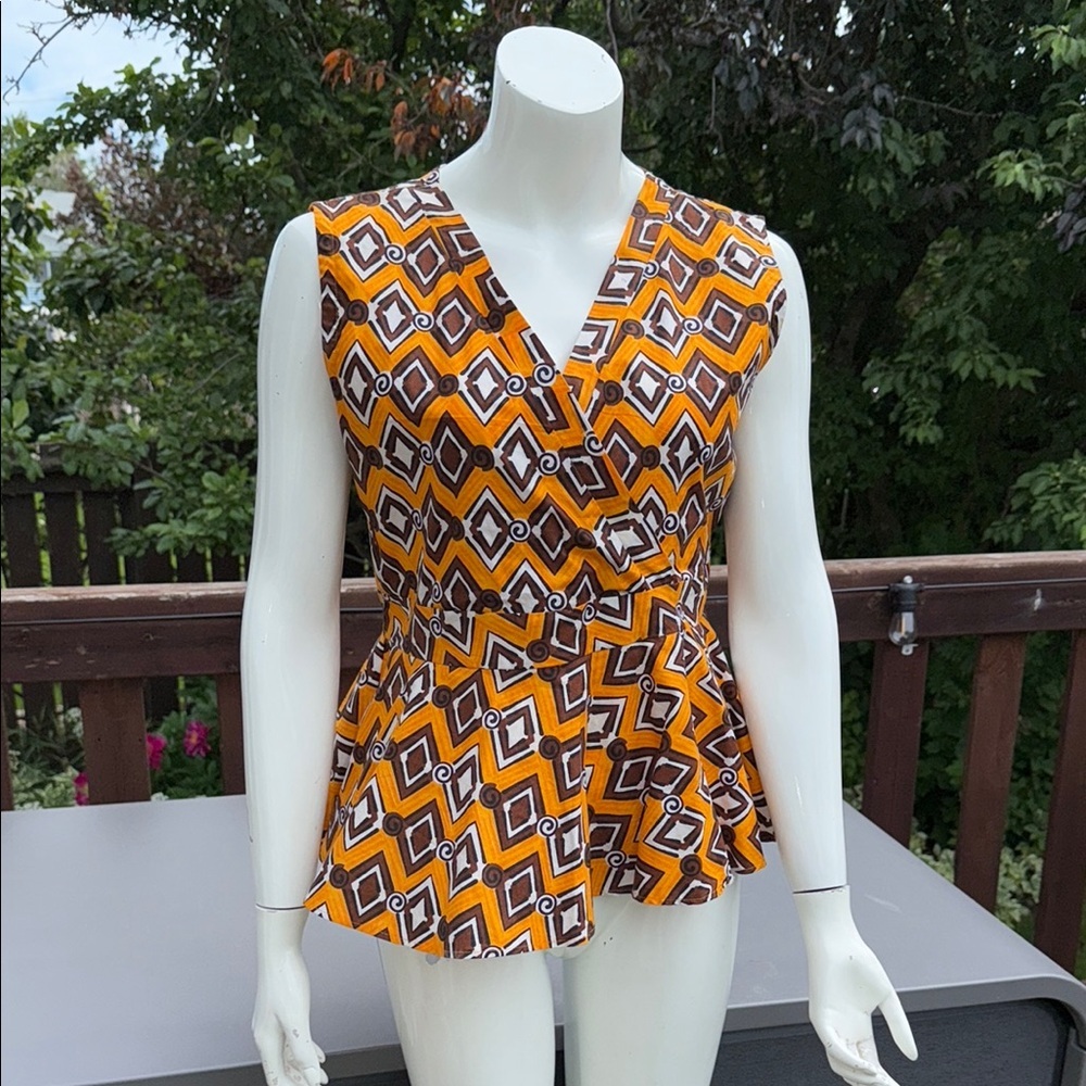 Vintage Large Geometric Orange Sleeveless Top handmade V neck unique sleeveless